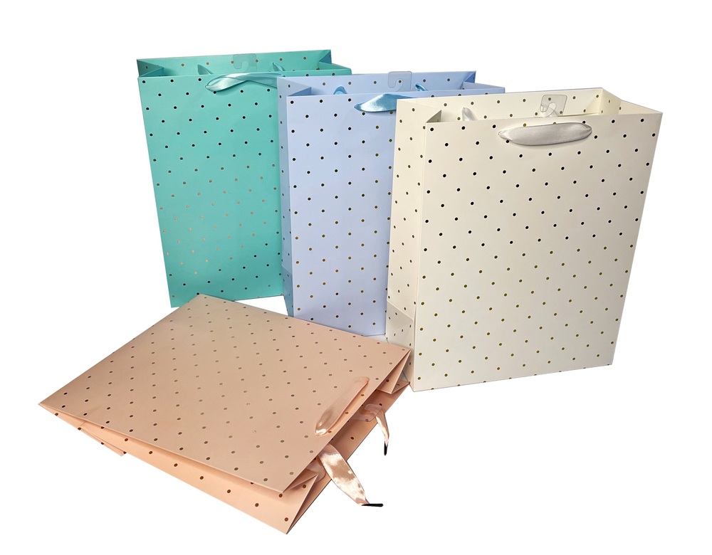 V637-WRP30425-202508260852-00 bulk 24 Medium Foil Dot Gift Bag Assort 23cm - Image 1
