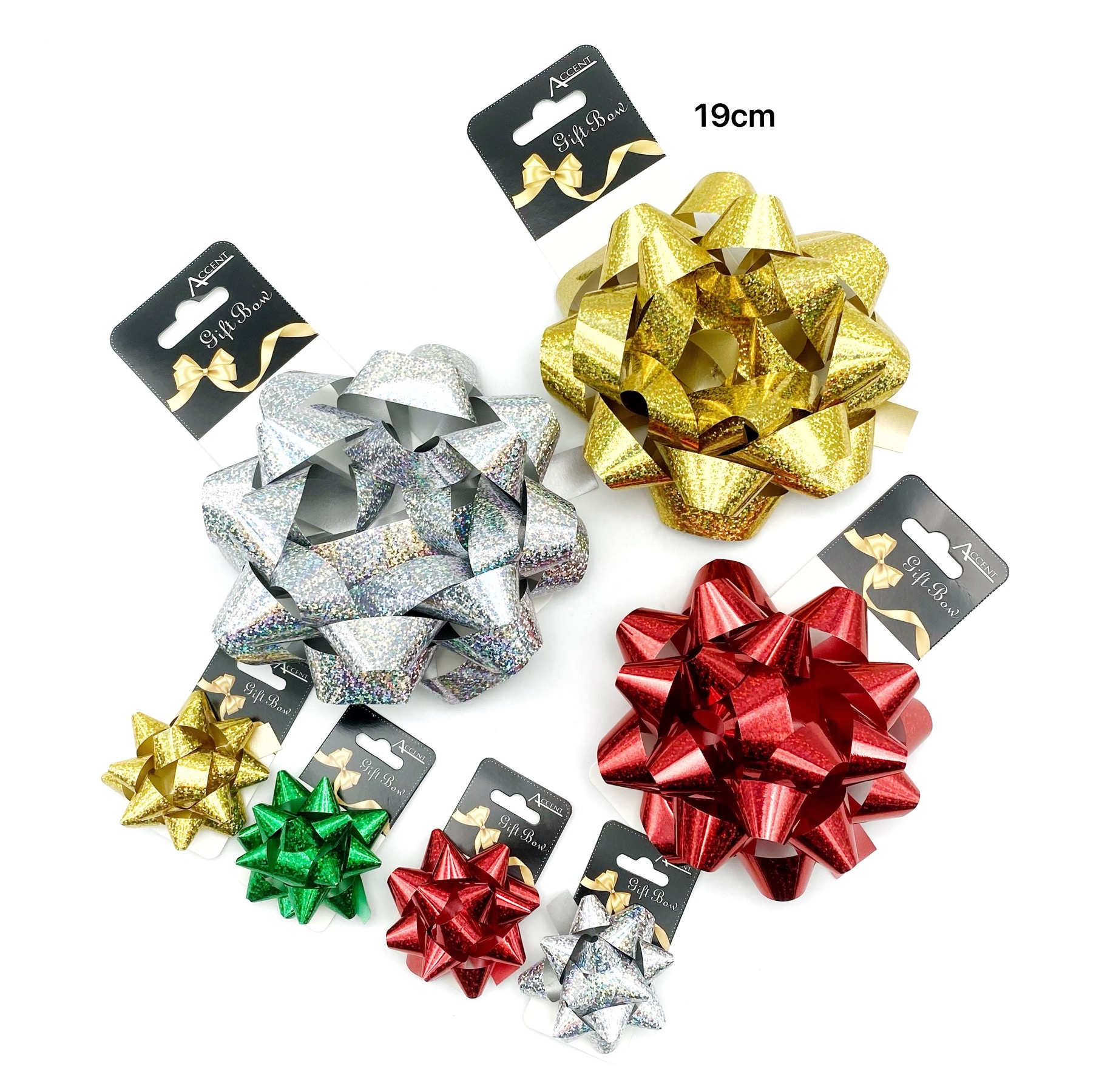 V637-WRP31745-202508260740-00 bulk 24 Holographic Gift Bow 19cm Assort Cols - Image 1