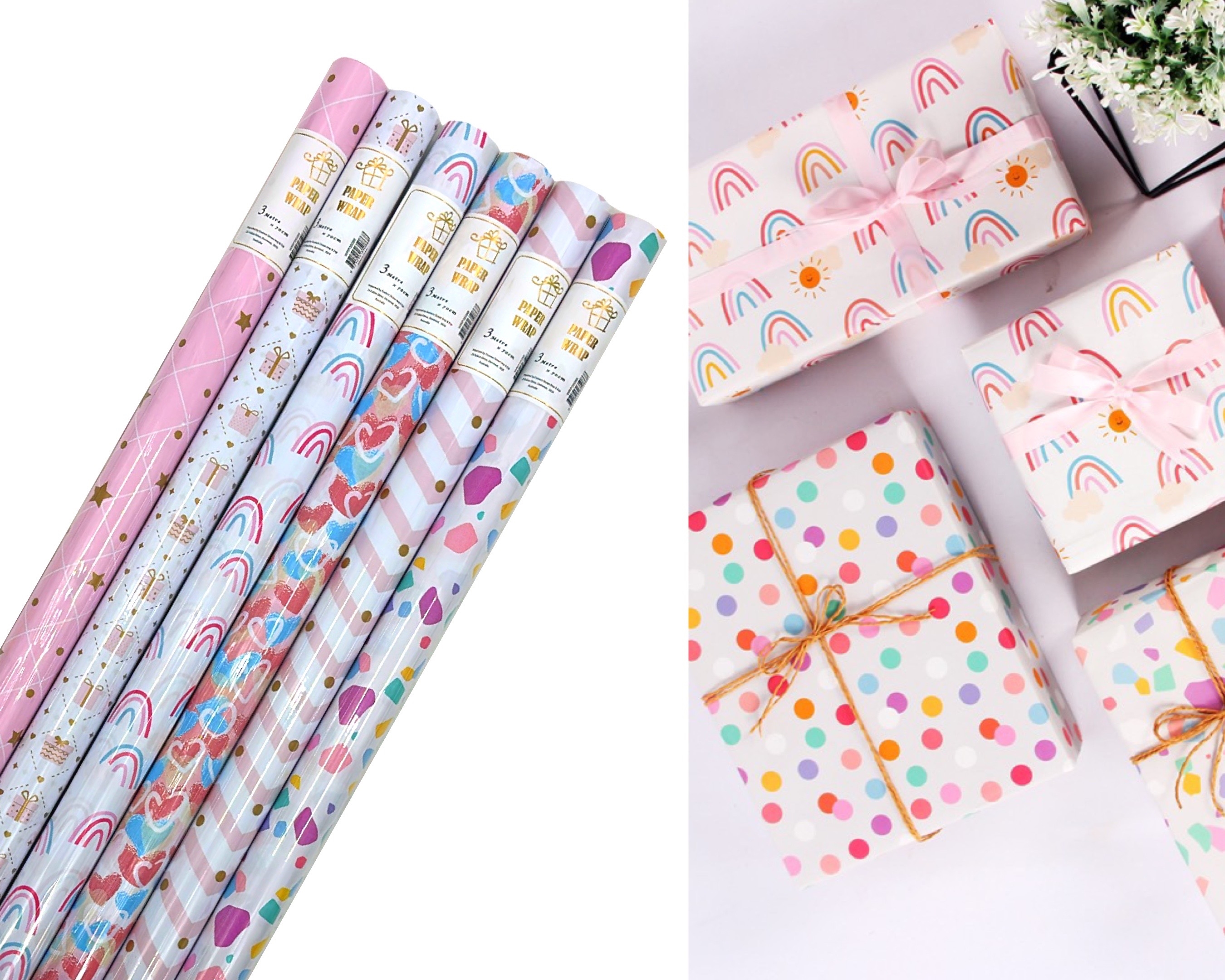 V637-WRP35086-202508260810-00 bulk 50 All About Pink Gift Wrap 70Cmx3M 38Mm Core - Image 1
