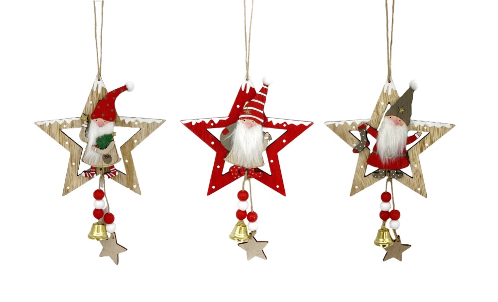 V637-XMS31193-202508260830-00 bulk 12 Xmas Hanging Santa in Star Assort 36cm - Image 1