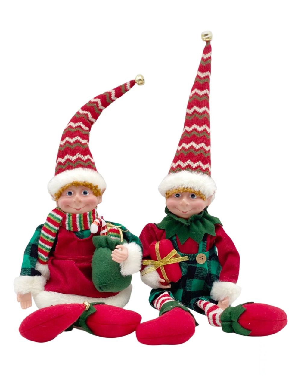 V637-XMS33076-202508260835-00 bulk 6 Xmas Mr Mrs Elf Shelf Dolls w Dangling Legs Assort Christmas 52cm - Image 1