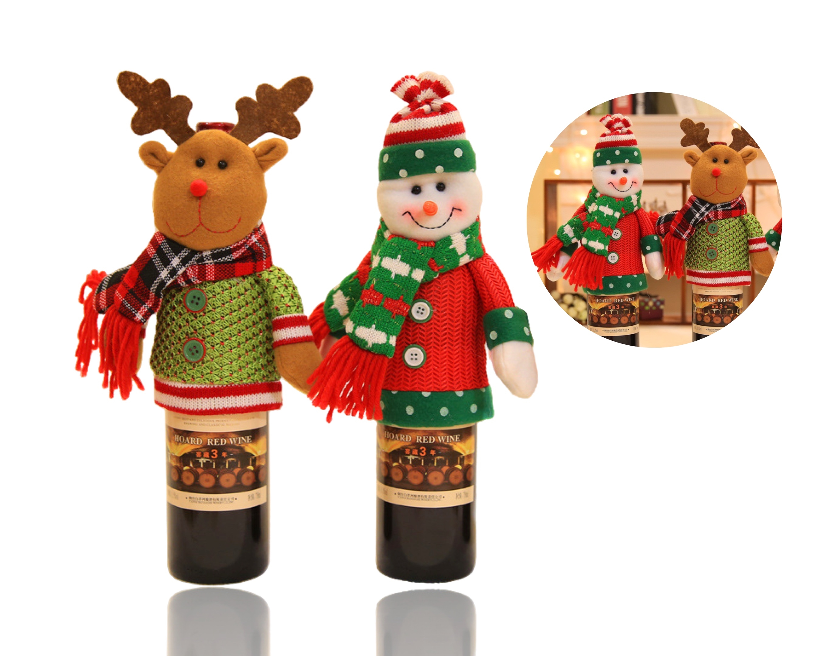 V637-XMS34641-202508260840-00 bulk 12 Xmas Bottle Costume Reindeer & Snowman Assort 19cm - Image 1