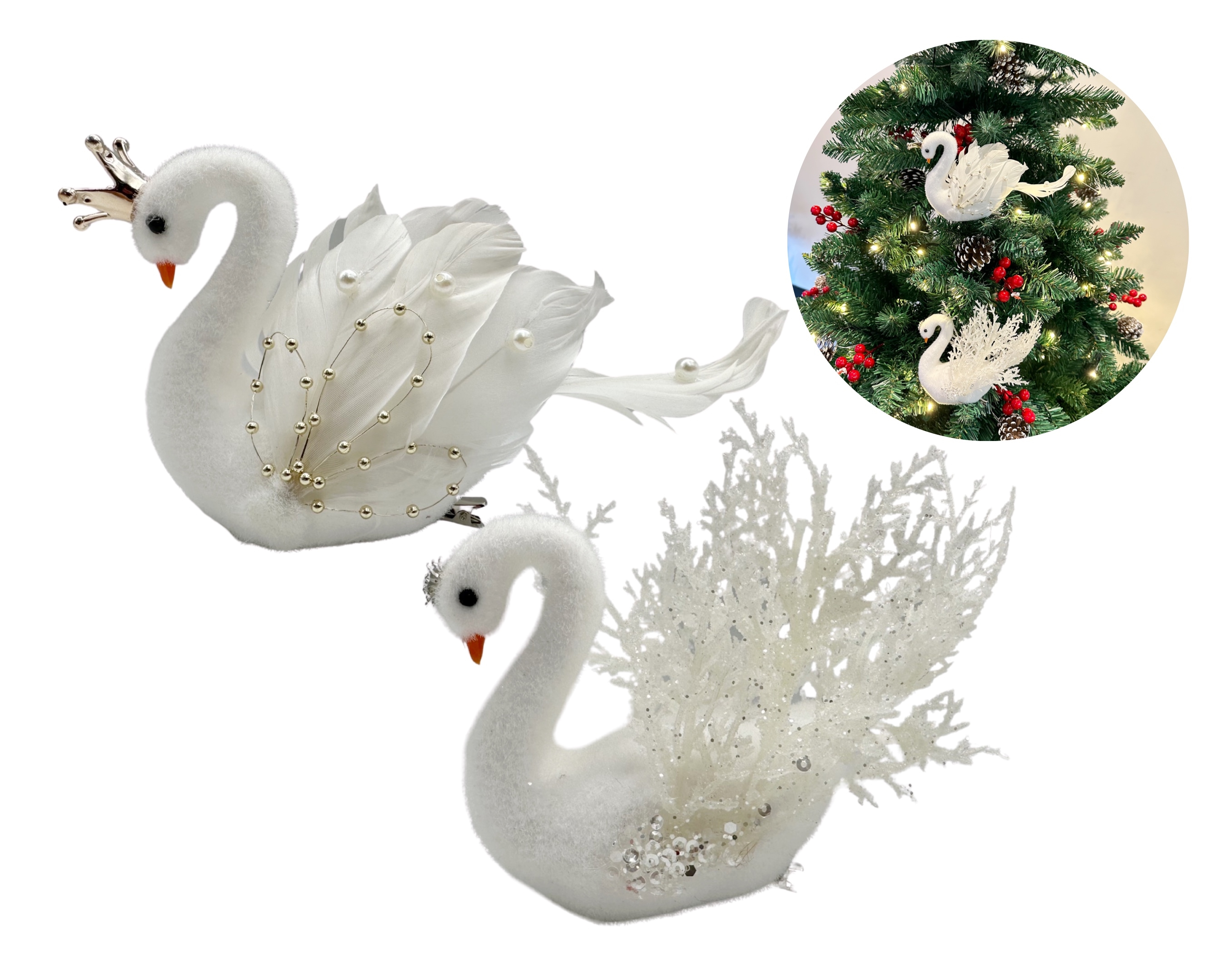 V637-XMS34657-202508260840-00 bulk 24 Xmas Flocking Swan w Clip Assort 15cm - Image 1