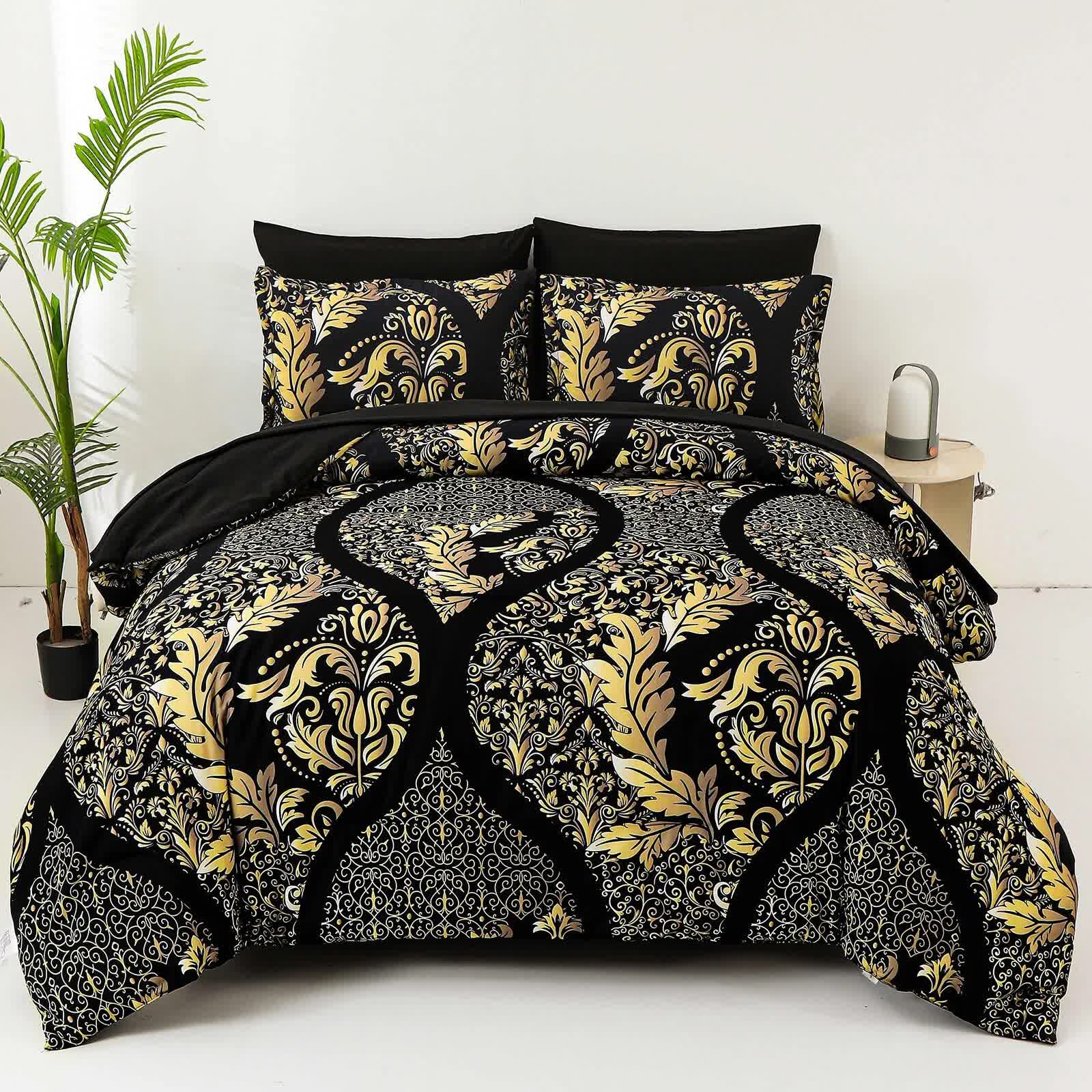 V745-AB010881AJ3-202508061202-00 Regal Elegance Black and Gold 3 Pc Comforter & Pillow Cover Set KING - Image 1