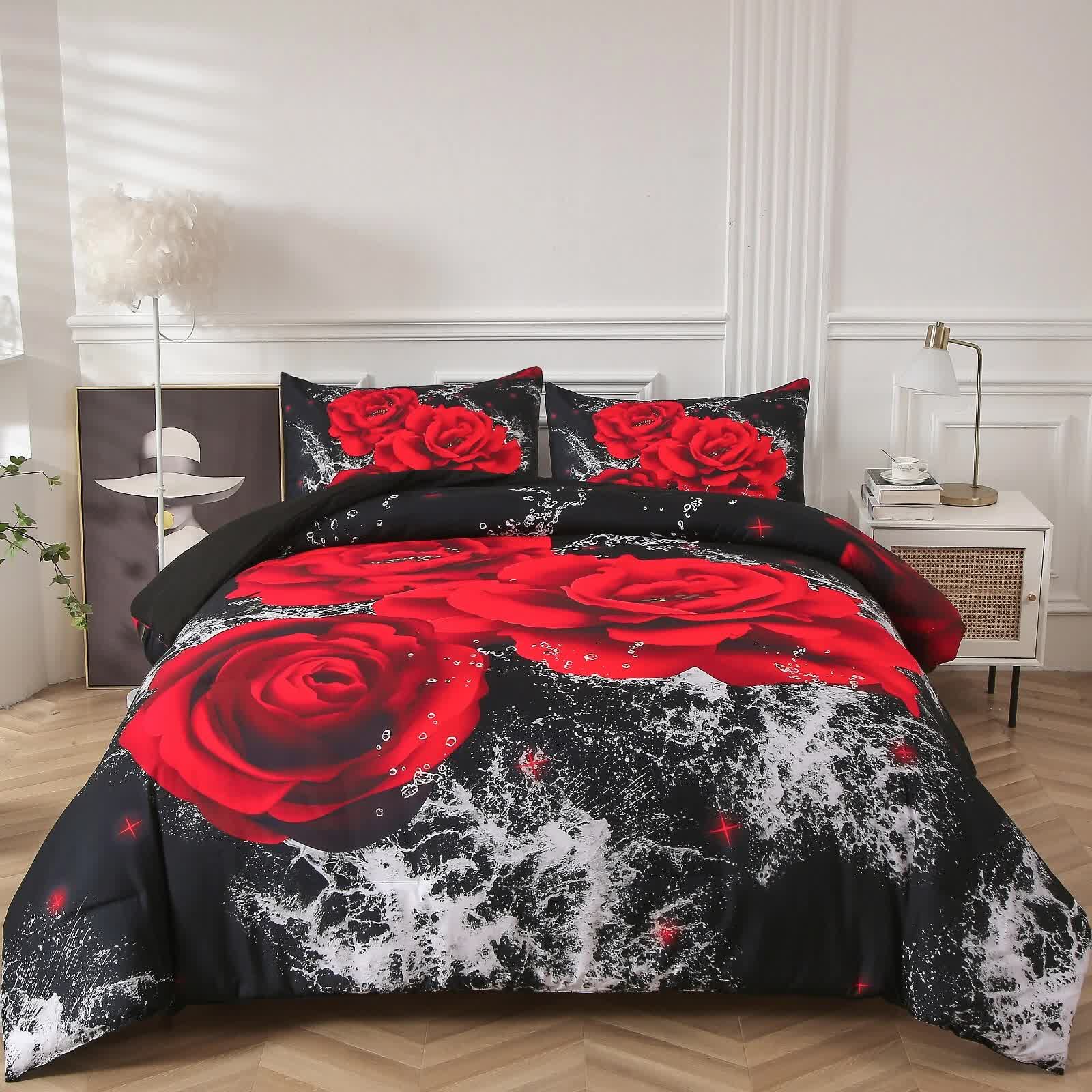 V745-MAB010691AJ3-202508061202-00 Chill Haven Red Rose 3‑Piece Comforter Bundle – Relax & Recharge Style - Image 1