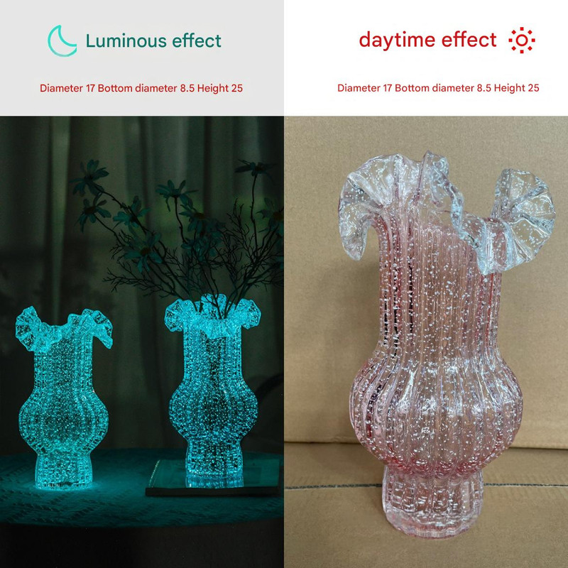 V888-ELOSUNG32843-202507071010-00 Pink Elegant Glow-in-the-Dark Glass Vase - Vintage-Style Ruffled & Ribbed Centrepiece - Image 1