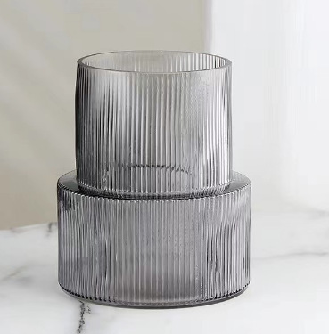 V888-ELOSUNG32845-202507071010-00 Grey Modern Two-Tier Ribbed Glass Vase - Elegant Cylindrical Flower Centrepiece for Home Decor - Image 1