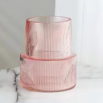 V888-ELOSUNG32846-202507070952-00 Pink Modern Two-Tier Ribbed Glass Vase - Elegant Cylindrical Flower Centrepiece for Home Decor - Image 1