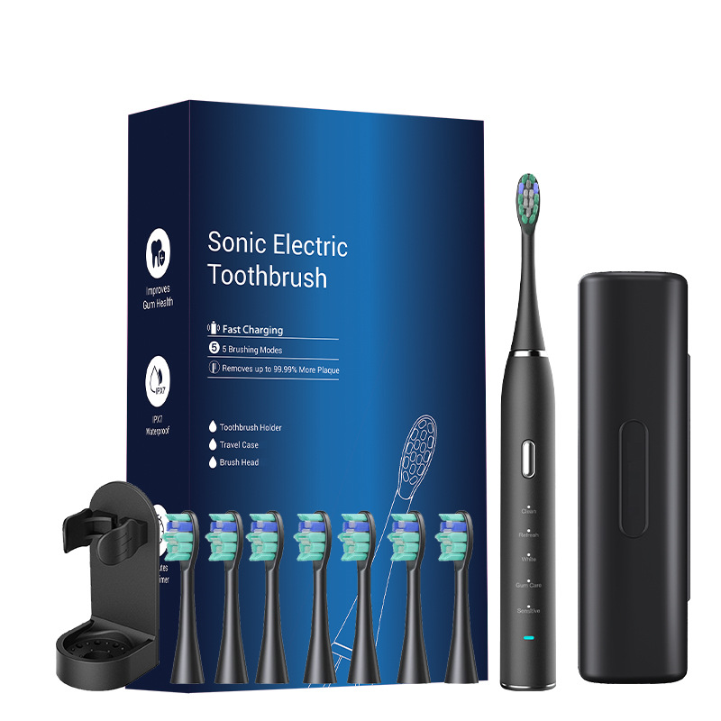 V888-ELOSUNG32947-202507151035-00 Black Sonic Rechargeable Electric Toothbrush with 8 Heads & Travel Case - 5 Brushing Modes & Smart Timer(USB) - Image 1