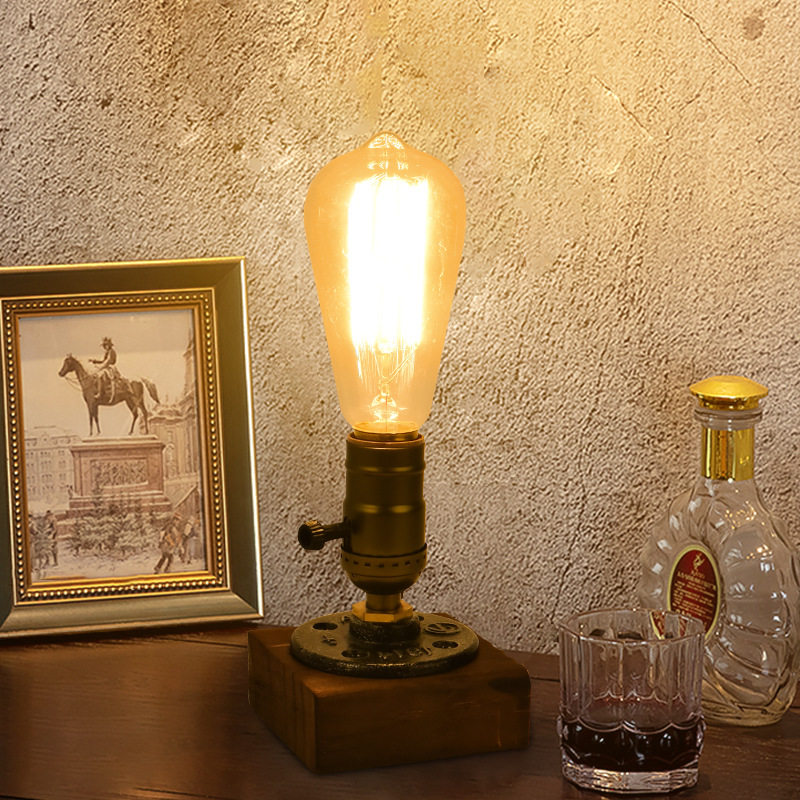 V888-ELOSUNG33692-202507071004-00 Rustic Industrial Table Lamp Vintage Wooden Base Accent Light - Image 1