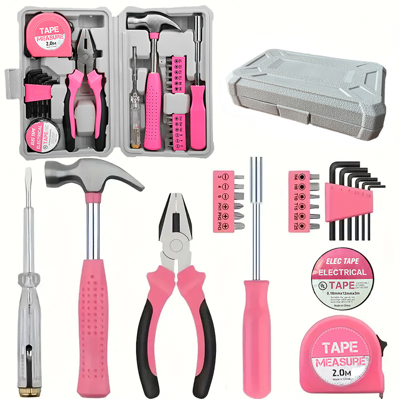 V888-ELOSUNG33932-202509221010-00 Compact 24-Piece Pink Tool Kit - Essential Household DIY Set for Ladies - Image 1