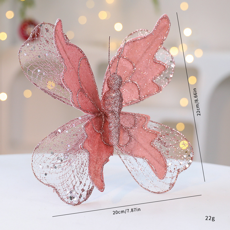 V888-ELOSUNG33952-202509221015-00 Rose Gold Large Glitter Butterfly Christmas Ornaments (Set of 2) - Clip-On Decorations for Trees & Wreaths - Image 1