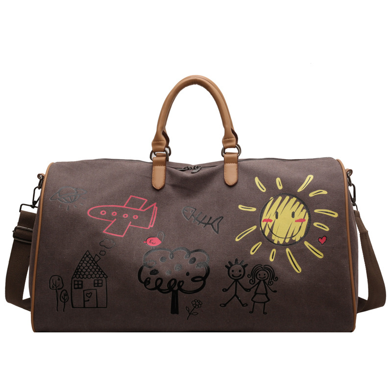 V888-ELOSUNG33971-202509221021-00 Coffee-brown Large Capacity Graffiti Travel Duffel Bag - Canvas Weekender with Wet/Dry Pocket & Shoe Compartment - Image 1