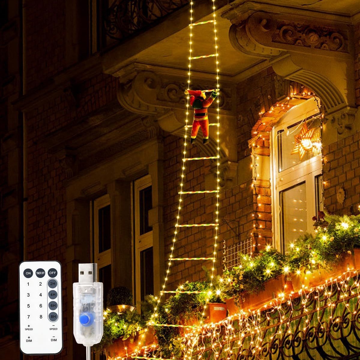 V888-ELOSUNG34402-202507111011-00 Festive Climbing Santa LED Ladder Light - USB Powered Outdoor Christmas Hanging Decoration with Remote(1.7m) - Image 1