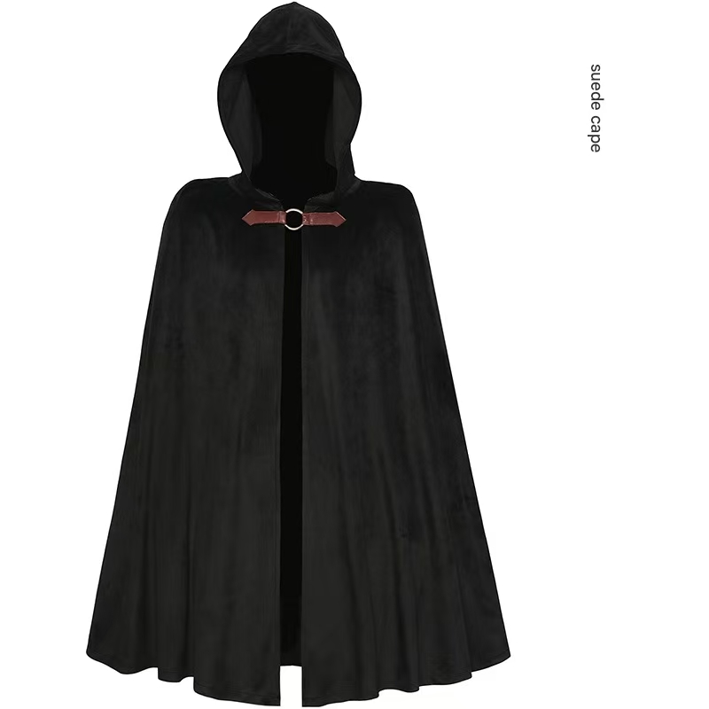 V888-ELOSUNG34412-202507110954-00 Black Shadow Wanderer Hooded Cape - Premium Velvet Robe for Jedi, Wizard & Medieval Cosplay - Image 1
