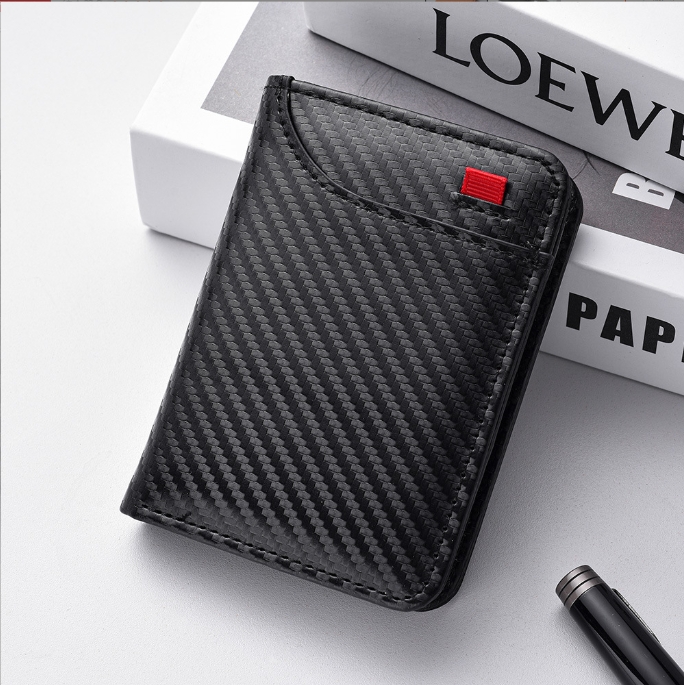 V888-ELOSUNG34463-202507180931-00 Black Sleek Carbon Fiber Vertical Wallet for Men - Slim Bifold Card Holder with Clear ID Window - Image 1
