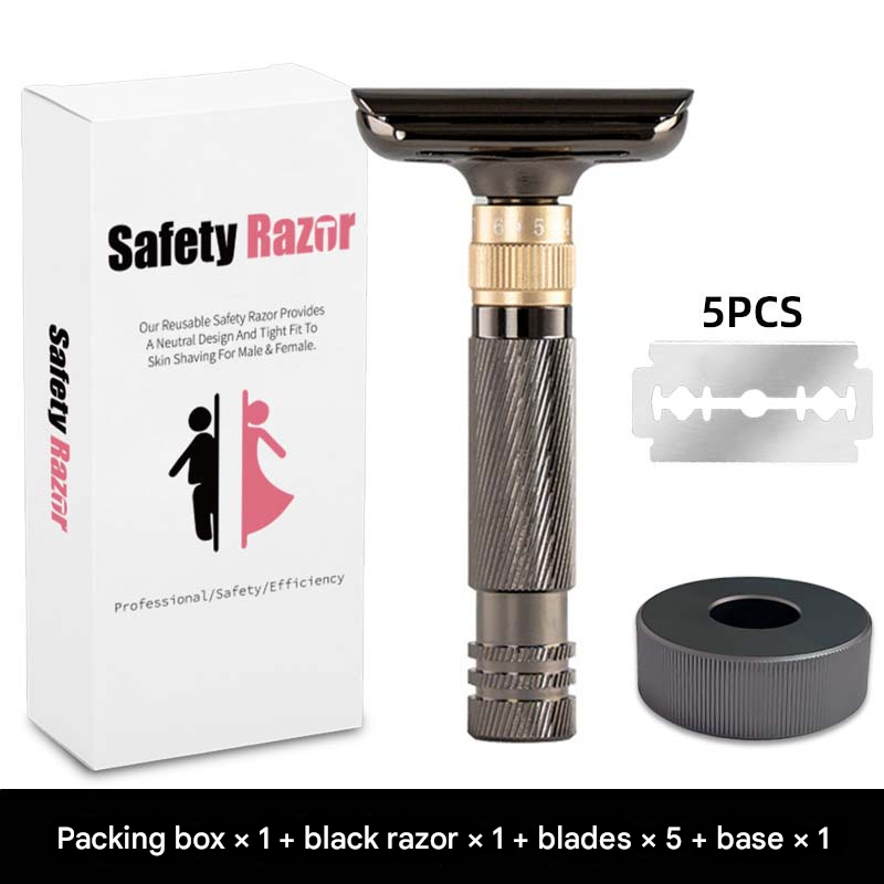 V888-ELOSUNG34496-202507211311-00 Black Premium Adjustable Double Edge Safety Razor Kit - 8-Setting Precision Shave with Stand & 5 Blades - Image 1