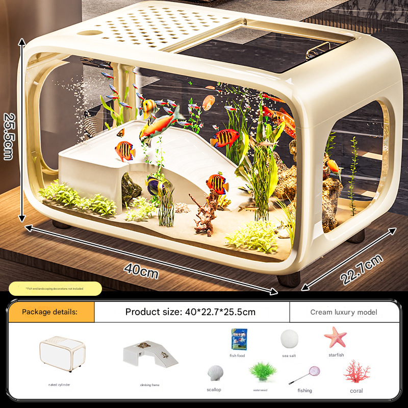 V888-ELOSUNG34560-202507301026-00 Cream color Modern Desktop Aquarium & Turtle Tank - Panoramic Viewing Fish Tank with Basking Platform & Lid - Image 1