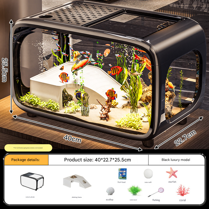 V888-ELOSUNG34561-202507301026-00 Black Modern Desktop Aquarium & Turtle Tank - Panoramic Viewing Fish Tank with Basking Platform & Lid - Image 1