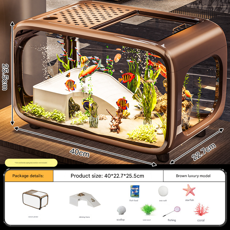 V888-ELOSUNG34562-202507301026-00 Brown Modern Desktop Aquarium & Turtle Tank - Panoramic Viewing Fish Tank with Basking Platform & Lid - Image 1
