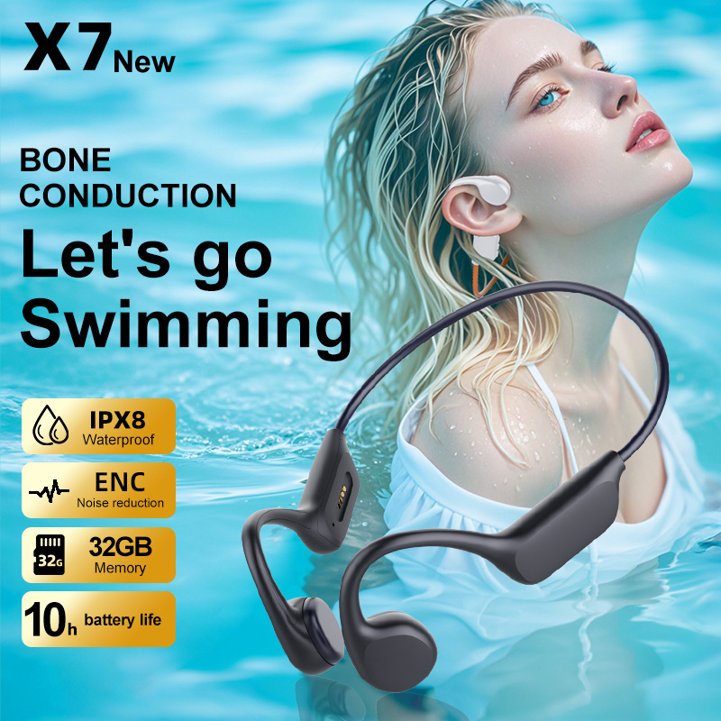 V888-ELOSUNG34588-202508041453-00 Black IPX8 Waterproof Swimming Headphones - Bone Conduction with 32GB MP3 Player - Image 1