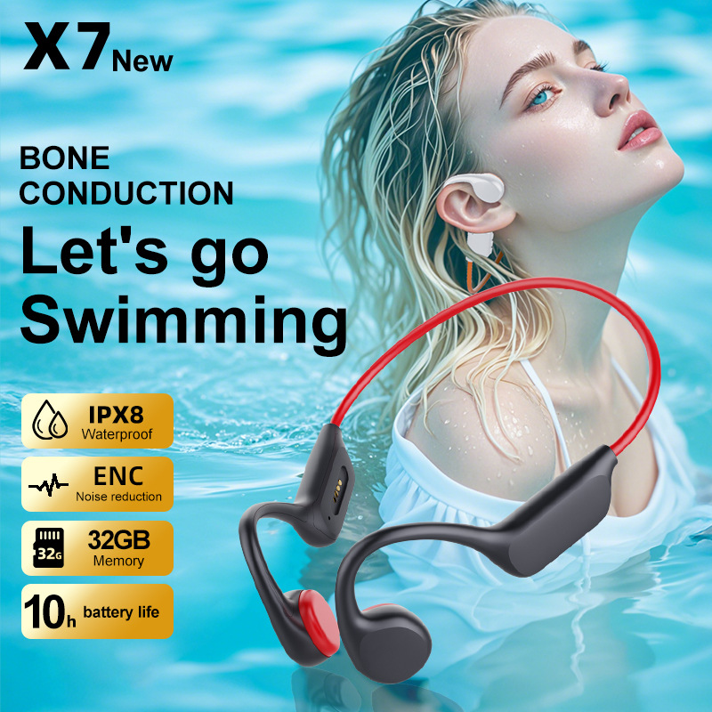 V888-ELOSUNG34620-202508041454-00 Black and red IPX8 Waterproof Swimming Headphones - Bone Conduction with 32GB MP3 Player - Image 1