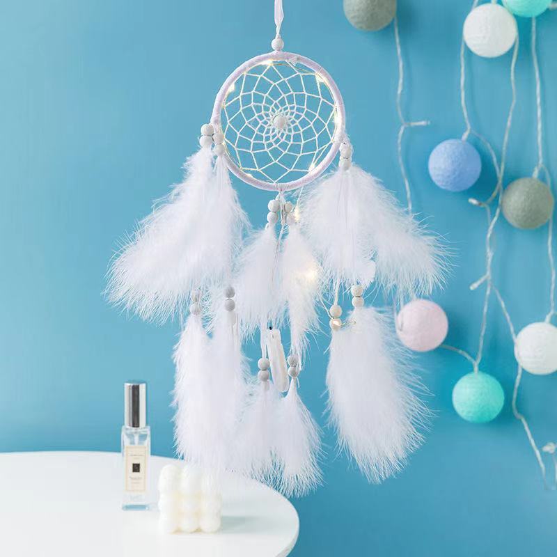V888-ELOSUNG34634-202509231335-00 White Boho Pom Pom Feather Dreamcatcher - Whimsical Hanging Mobile for Girls Bedroom & Nursery Decor - Image 1