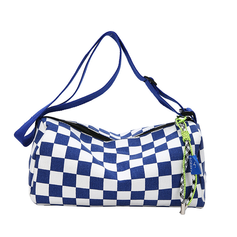 V888-ELOSUNG34637-202509240940-00 Blue Trendy Checkerboard Boston Bag - Casual Crossbody Shoulder Purse with Wide Strap - Image 1