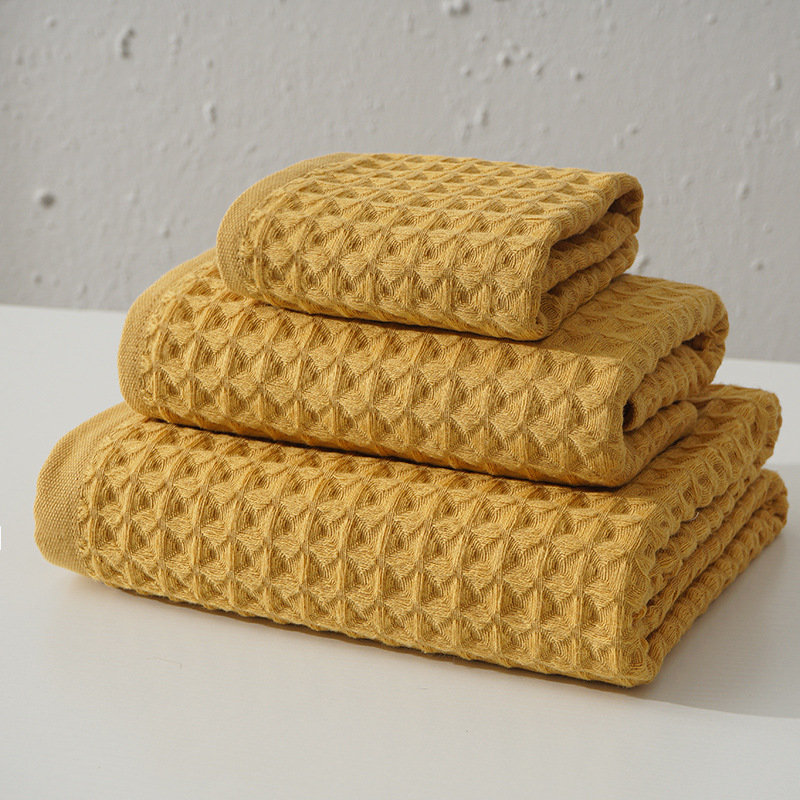 V888-ELOSUNG35602-202507070955-00 Luxurious 100% Cotton Waffle Weave Towel Set - 3-Piece Absorbent, Quick-Drying & Soft(Yellow) - Image 1