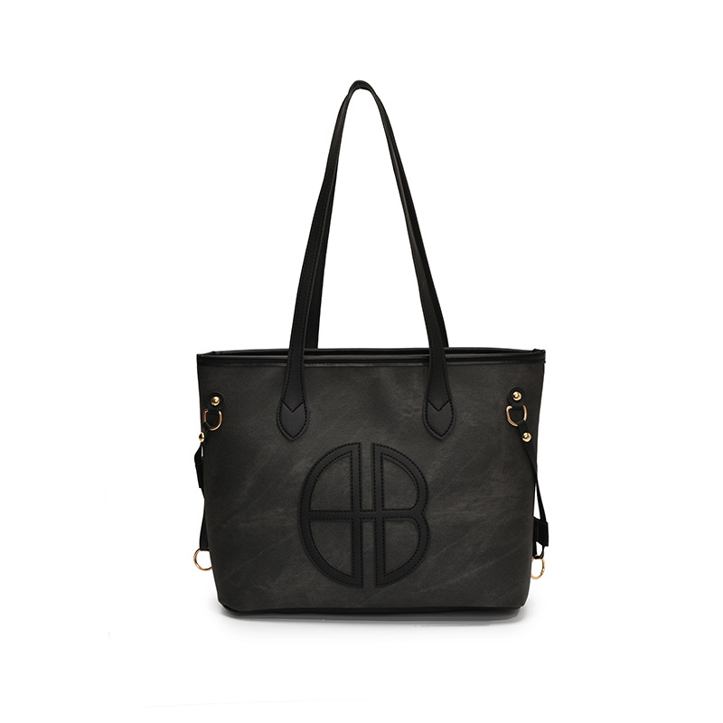 V888-ELOSUNG35667-202507151022-00 Stylish Large Capacity Tote Bag with PU Leather Trim & Logo Detail(black) - Image 1