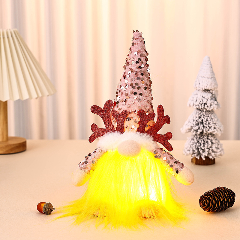 V888-ELOSUNG35809-202508011026-00 Light-Up Christmas Gnome Plush Doll with Sequin Hat & Antlers - Festive LED Tabletop Decoration(pink) - Image 1