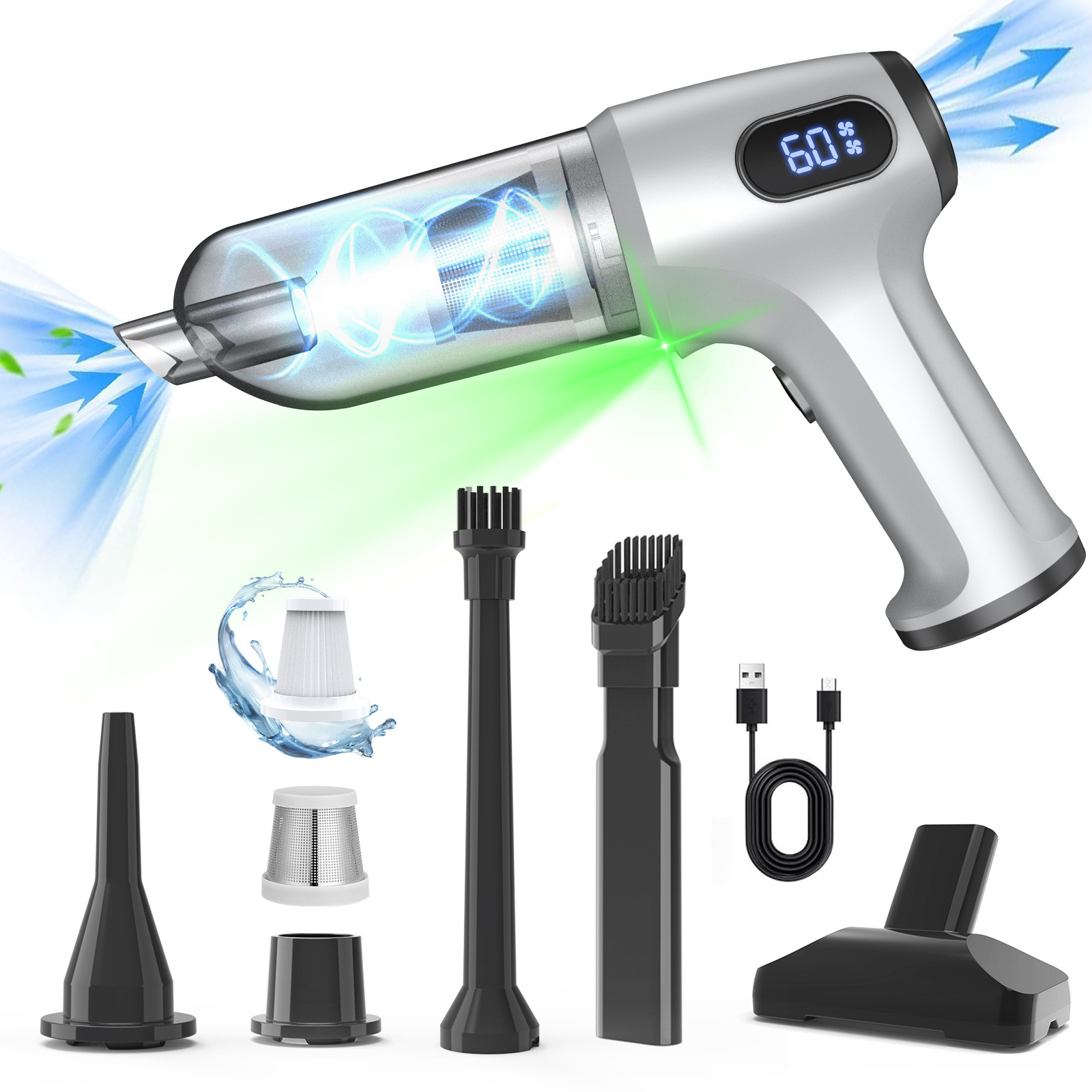 V888-ELOSUNG35816-202508041442-00 2-in-1 Cordless Handheld Vacuum & Air Duster - 12000Pa Suction, 70000 RPM, LED Light, USB-C Rechargeable(Silver) - Image 1
