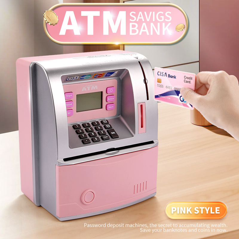 V888-ELOSUNG35821-202508041446-00 Kids Electronic ATM Savings Bank - Digital Piggy Bank with Password, Auto Roll-in Banknotes & Coin Slot for Financial Learning Fun(pink) - Image 1