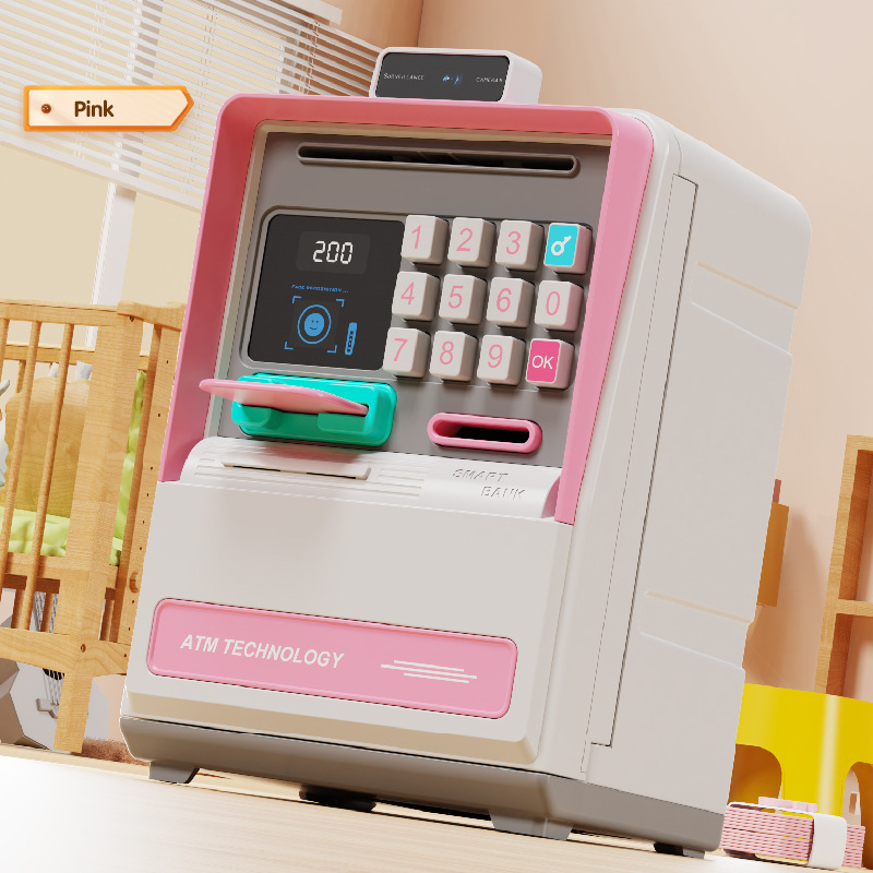 V888-ELOSUNG35826-202508041448-00 Kids Electronic ATM Piggy Bank with Simulated Facial Recognition & Password - Auto Roll-in Banknote & Coin Money Box for Financial Learning(pink) - Image 1