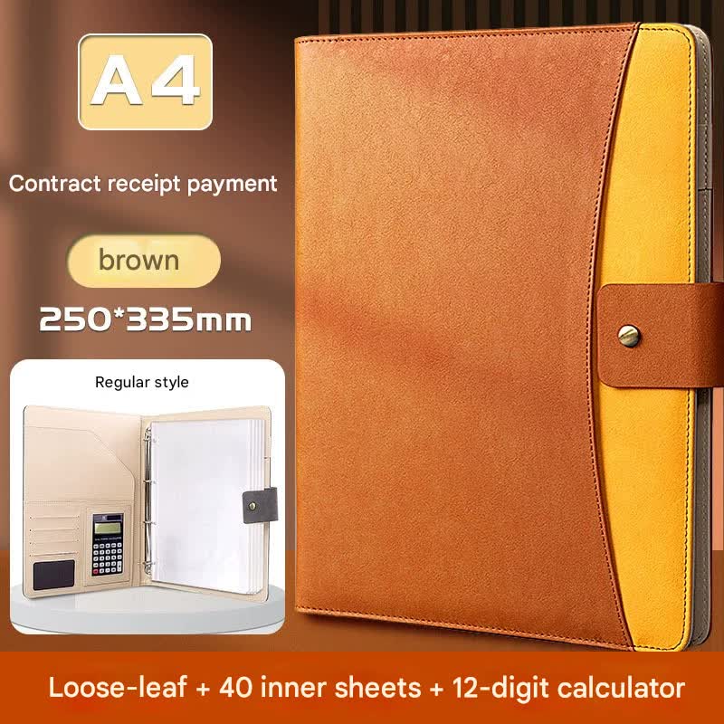 V888-ELOSUNG35881-202508141920-00 A4 PU Leather Business Portfolio with Ring Binder, Calculator & 40 Sleeves(brown) - Image 1