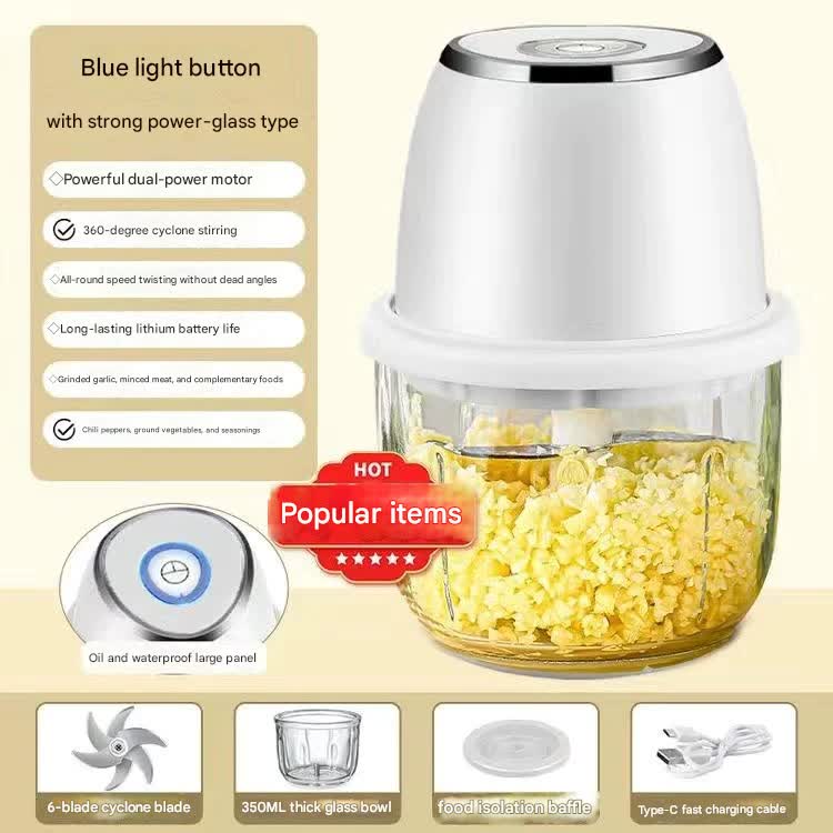 V888-ELOSUNG35897-202508191013-00 Electric Mini Garlic Chopper with Glass Bowl - USB Rechargeable, 6 Blades, Large Capacity(white) - Image 1