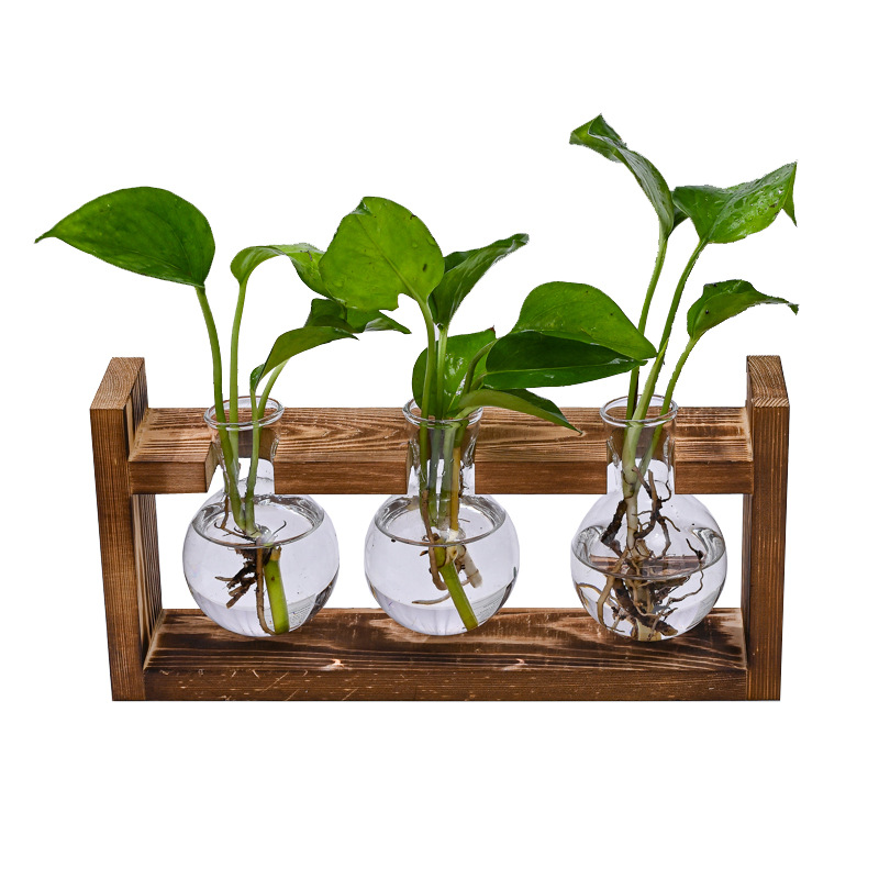 V888-ELOSUNG36009-202507211311-00 Brown Desktop Plant Propagation Station - Rustic Wooden Stand with 3 Glass Bulb Vases for Hydroponics & Cuttings - Image 1
