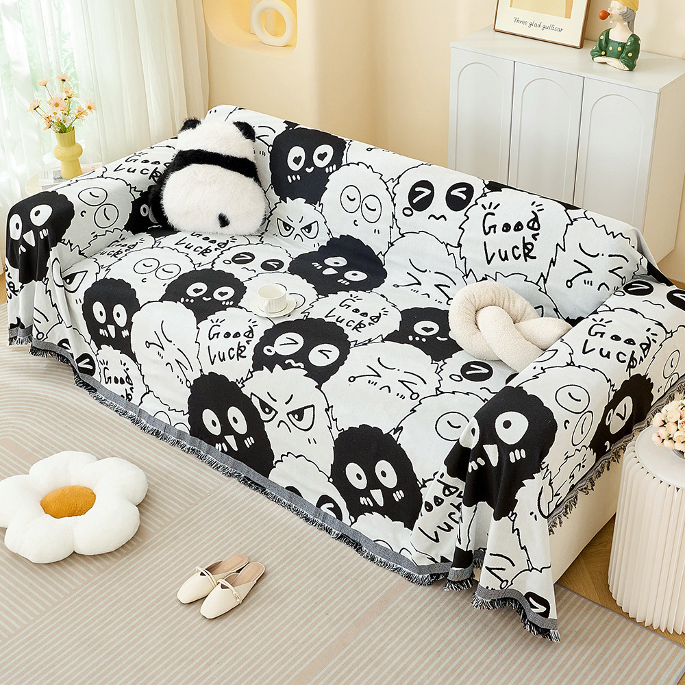 V888-ELOSUNG36048-202507250934-00 Black and white Ball Pattern Soft Waffle Weave Throw Blanket - Boho Style Cotton Blend Sofa Cover with Fringe 180x340cm - Image 1