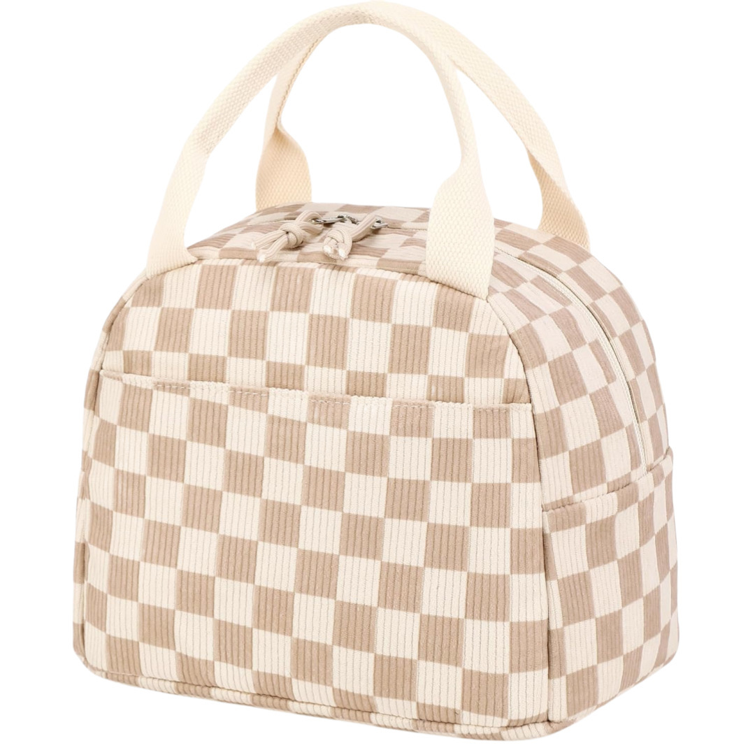 V888-ELOSUNG36149-202508051615-00 Beige Checkered Pattern Corduroy Lunch Bag - Insulated Thermal Cooler Tote for School Work and Picnics - Image 1