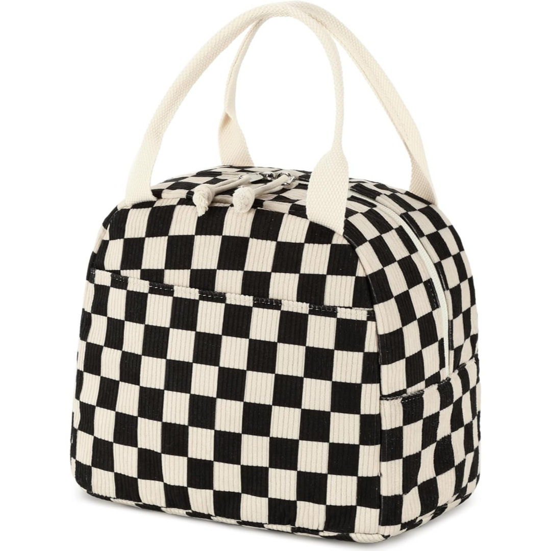 V888-ELOSUNG36150-202508051615-00 Black and White Checkered Pattern Corduroy Lunch Bag - Insulated Thermal Cooler Tote for School Work and Picnics - Image 1