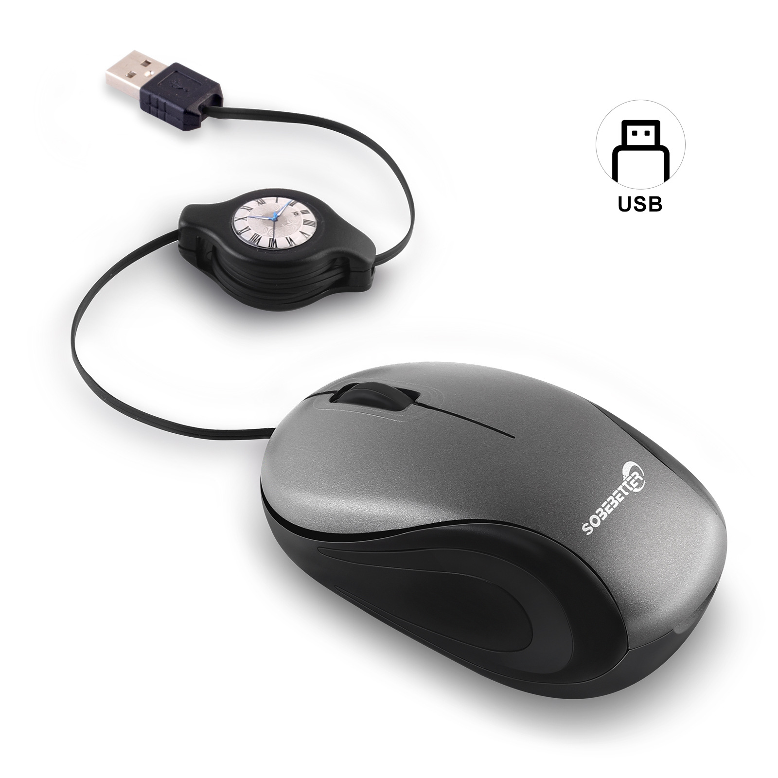 V888-ELOSUNG36162-202508061110-00 Grey and Black Portable Mini USB Mouse with Retractable Cable - Compact Travel Mouse for PC and Laptop - Image 1