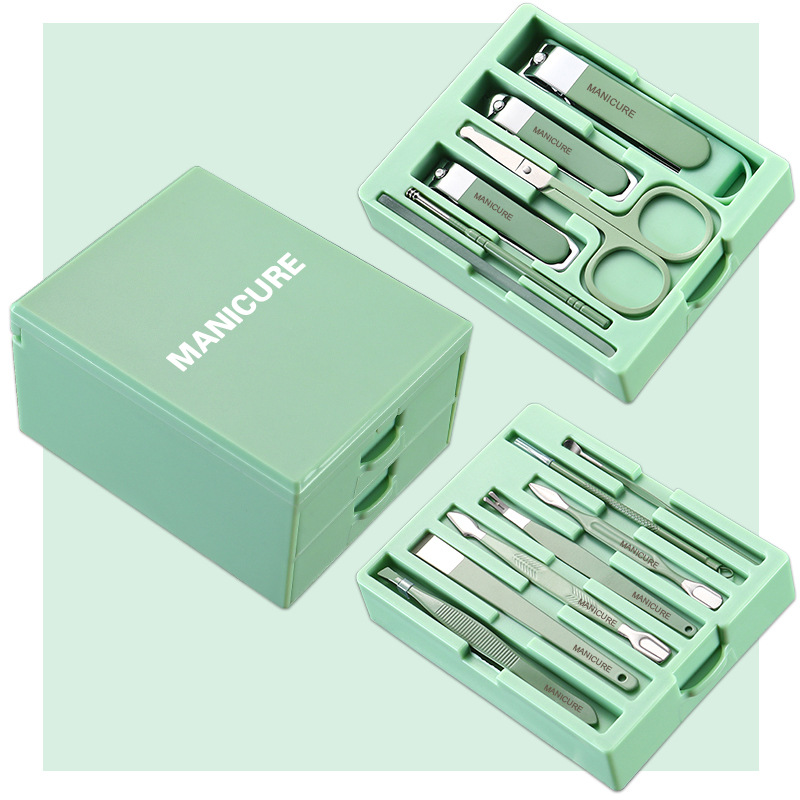 V888-ELOSUNG36172-202508071511-00 Green Premium 13-in-1 Manicure & Grooming Kit - Professional Carbon Steel Pedicure Set with Dual-Drawer Case & Mirror - Image 1
