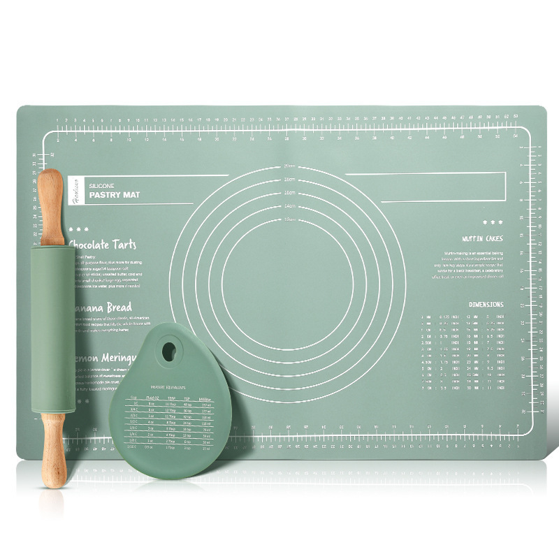 V888-ELOSUNG36245-202508131413-00 Green 3-Piece Silicone Baking Set - Non-Stick Pastry Mat with Measurements, Rolling Pin & Dough Scraper - Image 1