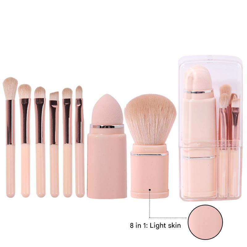 V888-ELOSUNG36247-202508131415-00 Lighgt Pink Compact 8-in-1 Makeup Brush Set - Portable Travel Kit with Retractable Brushes and Case - Image 1