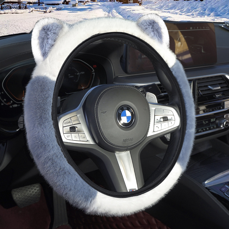 V888-ELOSUNG36264-202508131416-00 Blue Stitching White Plush Cat Ear Steering Wheel Cover - Cute & Fuzzy Winter Grip, Universal 38cm Fit - Image 1