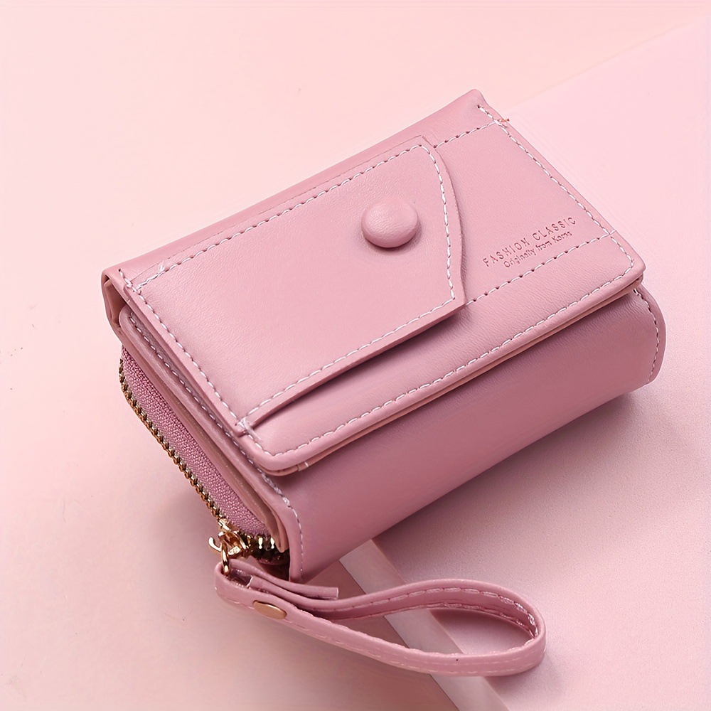 V888-ELOSUNG36337-202508191035-00 Pink Chic Compact Trifold Wallet for Women - PU Leather Card Holder with Zipper Coin Purse & Wristlet Strap - Image 1