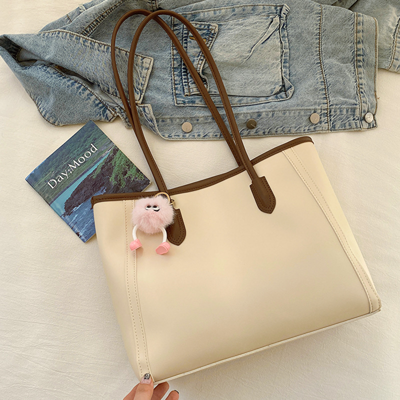 V888-ELOSUNG36382-202509021111-00 Beige and Brown Chic Large Capacity Tote Bag - PU Leather Commuter Shoulder Handbag for Women - Image 1