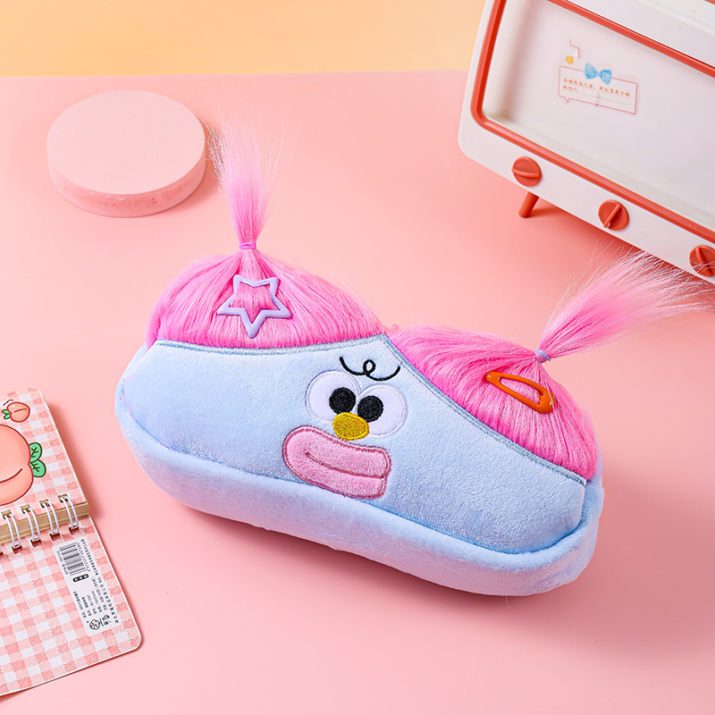 V888-ELOSUNG36417-202509081030-00 Blue and Pink Hair Cute Plush Monster Pencil Case - Fluffy Stationery Pouch with DIY Styleable Hair for Kids - Image 1