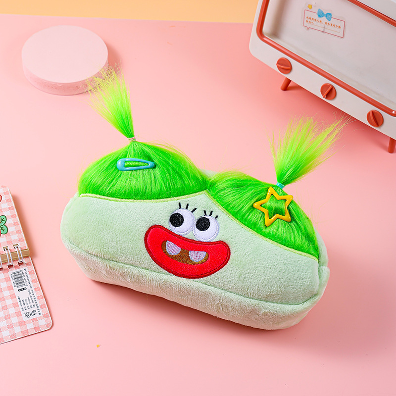 V888-ELOSUNG36419-202509081030-00 Light Green and Green Hair Cute Plush Monster Pencil Case - Fluffy Stationery Pouch with DIY Styleable Hair for Kids - Image 1