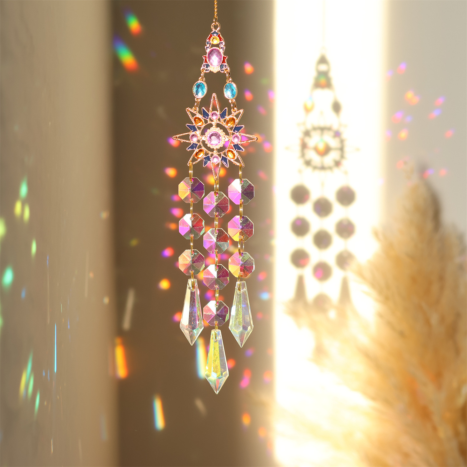 V888-ELOSUNG36465-202509101430-00 Colorful Dazzling Celestial Crystal Suncatcher - Moon Shape Rainbow Maker Window Hanging Ornament - Image 1